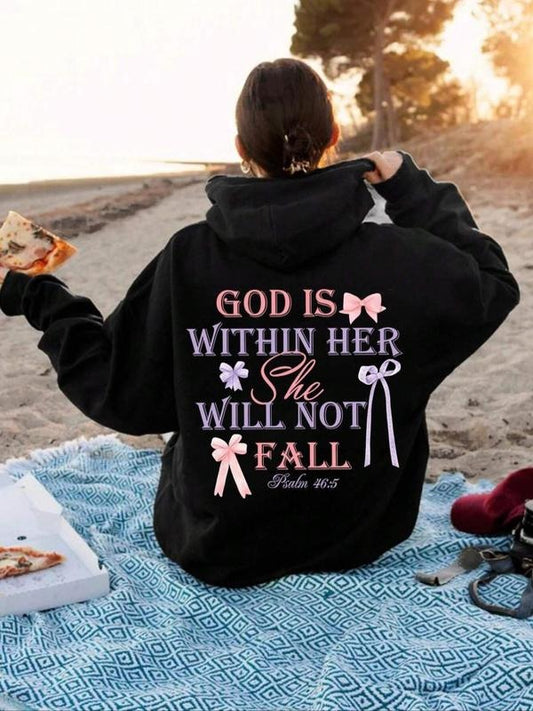 Women's Letter Print Drop Shoulder Hoodie, Fashion Casual Drawstring Pocket Hooded Sweatshirt for Daily Holiday Outdoor Wear, Ladies Clothes for Fall & Winter