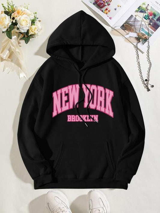 Women's Letter Print Drop Shoulder Hoodie, Fashion Casual Drawstring Pocket Hooded Sweatshirt for Daily Holiday Outdoor Wear, Women Clothing for Spring Fall