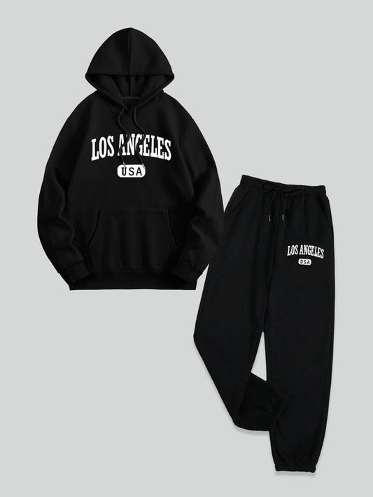 Women's Letter Print Drop Shoulder Pocket Hoodie & Drawstring Waist Sweatpants Two-piece Set, Casual Fashion Cozy Breathable Two Piece Outfits for Daily Outdoor Wear, Women Clothes for Fall & Winter