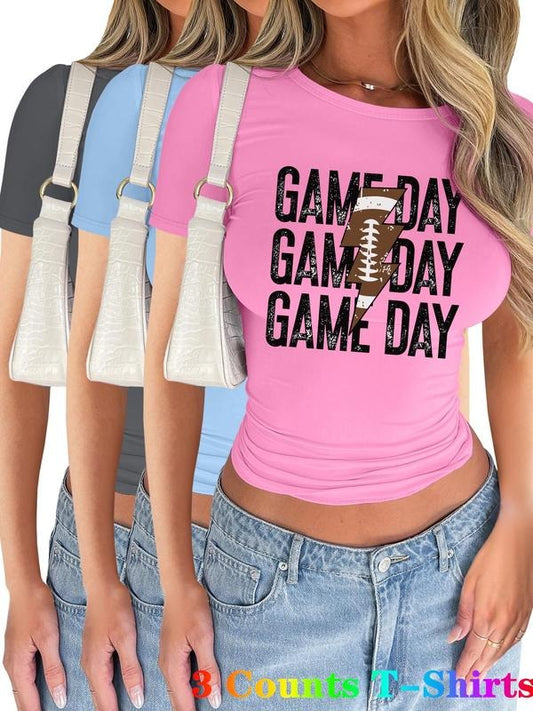 Women's Letter Print Game Day Short Sleeve Tee, Casual Round Neck T-shirt for Summer, Ladies Clothes for Daily Wear, Top