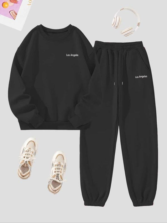 Women's Letter Print Long Sleeve Graphic Pullover & Drawstring Waist Pants Matching Set, Trendy Casual Crewneck Sweatshirt & Pocket Jogger Pants, Black Sweatsuit Set, Women 2024 Fall & Winter Clothes Outfits for Streetwear