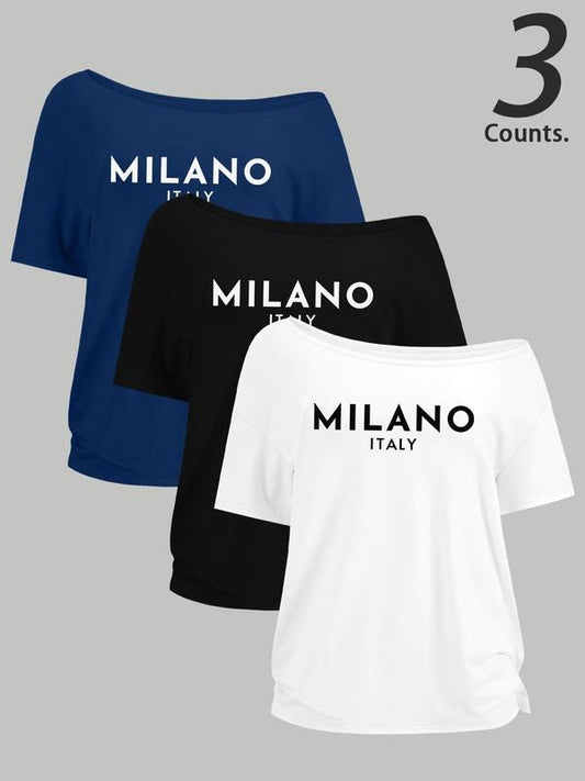 Women's Letter Print One Shoulder Tee, Casual Short Sleeve T-shirt for Daily Wear, Ladies Clothes for All Seasons, Top