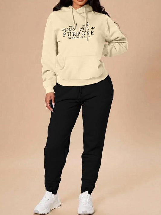 Women's Letter Print Pocket Hoodie & Solid Drawstring Waist Pants Two-piece Set, Casual Long Sleeve Drawstring Hooded Sweatshirt & Pocket Trousers, Women's Fall & Winter Clothes