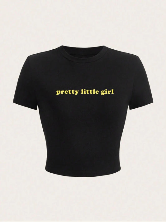 Women's Letter Print Round Neck Crop Tee, Vintage Trendy Casual Short Sleeve Cropped T-Shirt for Daily Wear, Ladies Summer Outfit