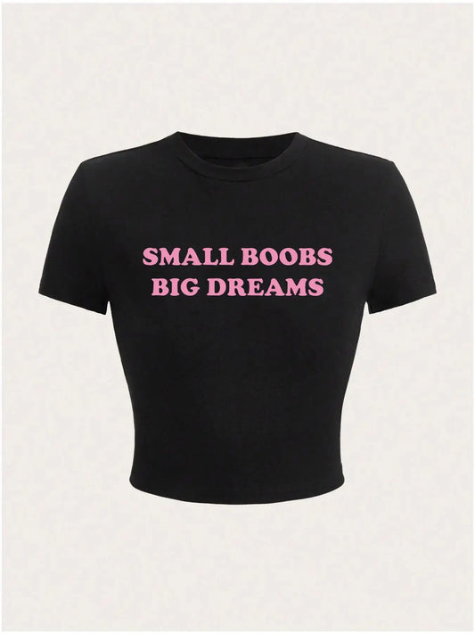 Women's Letter Print Round Neck Crop Tee, Vintage Trendy Casual Short Sleeve Cropped T-shirt for Daily Wear, Ladies All Seasons Outfit