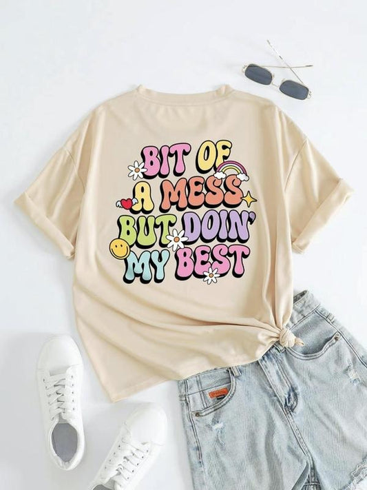 Women's Letter Print Round Neck Graphic Tee, Vintage Trendy Casual Drop Shoulder Short Sleeve T-shirt For Daily Wear, Ladies All Seasons Outfit
