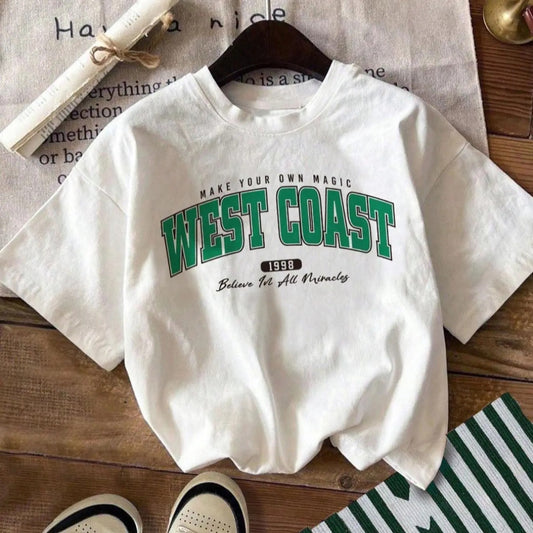 Women's Letter Print Round Neck Graphic Tee, Vintage Trendy Casual Drop Shoulder Short Sleeve T-shirt For Daily Wear, Ladies Summer Outfit