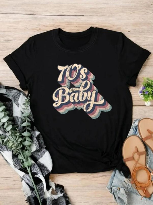 Women's Letter Print Round Neck Graphic Tee, Vintage Trendy Casual Short Sleeve T-shirt for Daily Wear, Ladies All Seasons Outfitstyle{n002}8