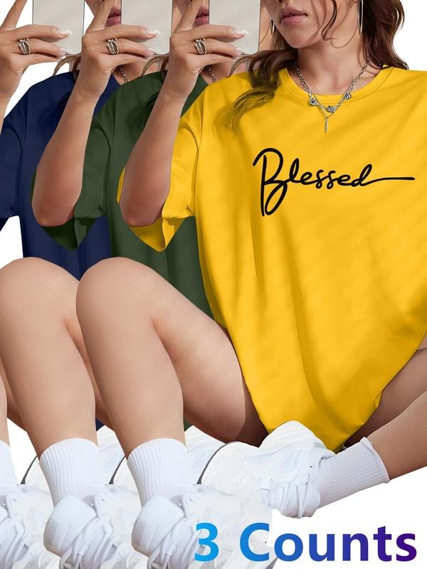 Women's Letter Print Round Neck Tee, Casual Short Sleeve Crew Neck T-shirt for Daily Wear, Ladies Clothes for All Seasons, Topstyle{n002}8