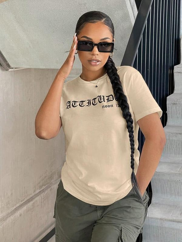 Women's Letter Print Round Neck Tee, Trendy Casual Short Sleeve T-shirt for Daily Wear, Ladies Outfit