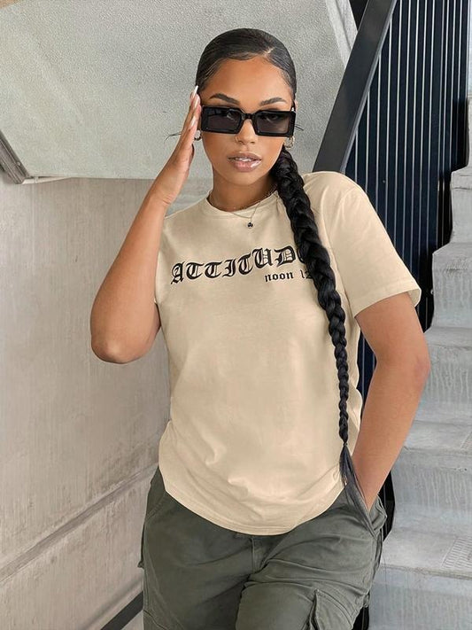 Women's Letter Print Round Neck Tee, Trendy Casual Short Sleeve T-shirt for Daily Wear, Ladies Outfit