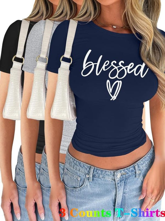 Women's Letter Print Short Sleeve Tee, Casual Blessed Printed T-shirt for Summer, Ladies Clothes for Daily Wear, Top