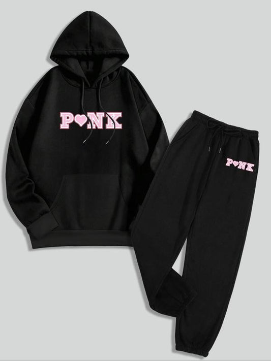 Women's Letter Print Thermal Lined Hoodie & Drawstring Waist Sweatpants Set, Casual Long Sleeve Hooded Sweatshirt & Elastic Waist Pocket Jogger Pants, Women's Fall & Winter Clothes