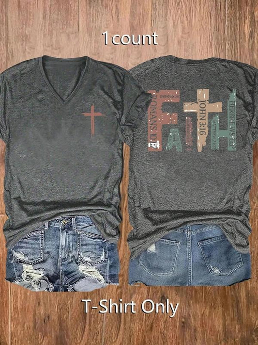 Women's Letter Print V Neck Tee, Casual Short Sleeve T-shirt for Summer, Ladies Clothes for Daily Wear, Top