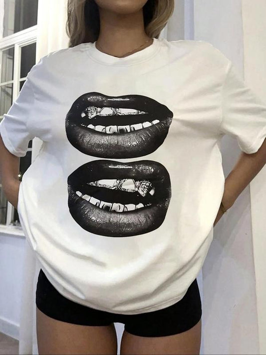 Women's Lip Print Round Neck Graphic Tee, Vintage Trendy Casual Drop Shoulder Short Sleeve T-shirt for Daily Wear, Ladies Summer Outfit