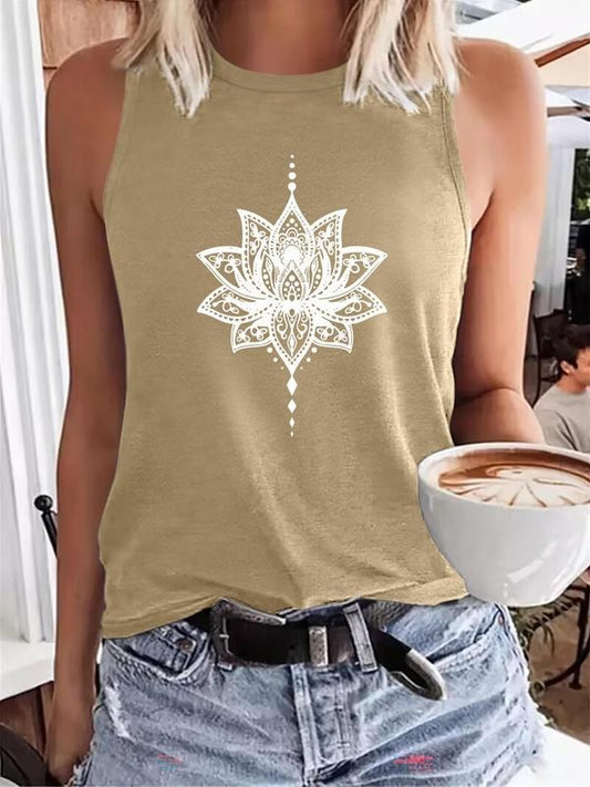 Women's Lotus Print Tank Top, Casual Sleeveless Top for Summer, Ladies Clothes for Daily Wear