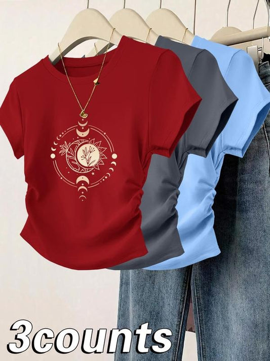 Women's Moon & Sun Print Round Neck Tee, Casual Short Sleeve T-shirt for Daily Wear, Ladies Clothes for All Seasons, Top