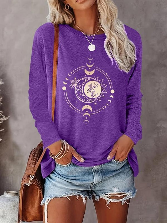 Women's Moon Print Round Neck Tee, Casual Long Sleeve Crew Neck T-shirt for Fall & Winter, Women's Top for Daily Wear