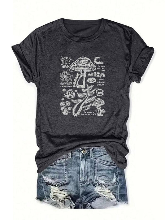 Women's Mushroom & Spider Web Print Round Neck Tee, Vintage Trendy Casual Letter Graphic Short Sleeve T-shirt for Daily Wear, Ladies All Seasons Outfit, Top