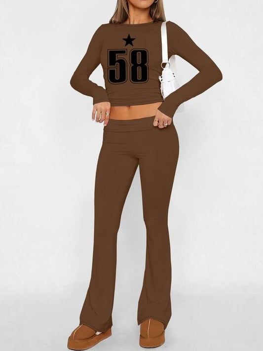Women's Number Print Crop Tee & Plain Flare Leg Pants Two-piece Set, Casual Fashion Round Neck Long Sleeve Top & Bell Bottom Trousers for Daily Outdoor Wear, Women's Clothing for Fall & Winter