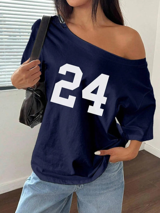 Women's Number Print Round Neck Tee, Casual Off Shoulder Short Sleeve T-shirt for Summer, Ladies Clothes for Daily Wear