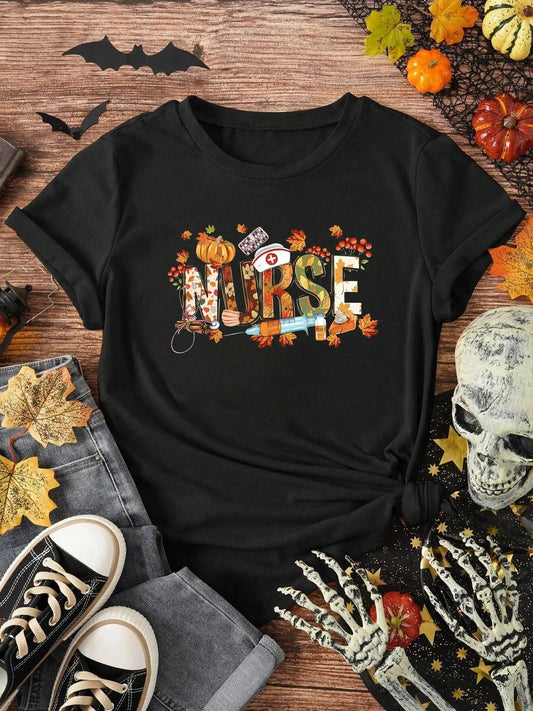 Women's Nurse Letter Print Graphic Tee, Casual Comfy Short Sleeve T-shirt for Daily Wear, Ladies Summer Clothes