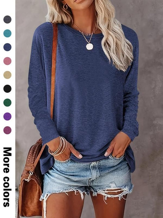 Women's Plain Round Neck Tee, Casual Long Sleeve Crew Neck T-shirt for Spring & Fall, Fashion Women's Top for Daily Wear