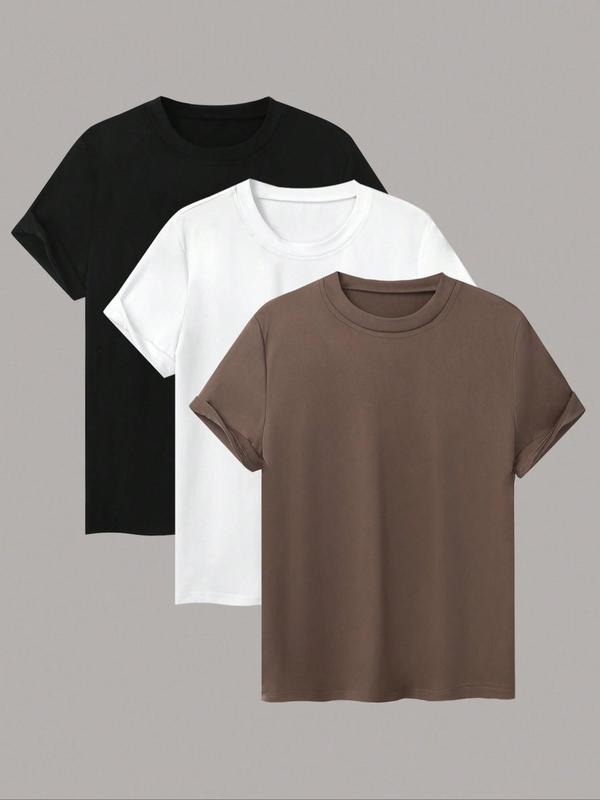 Women's Plain Round Neck Tee, Casual Short Sleeve Crew Neck T-Shirt for Summer, Ladies Clothes for Daily Wearstyle{n002}2