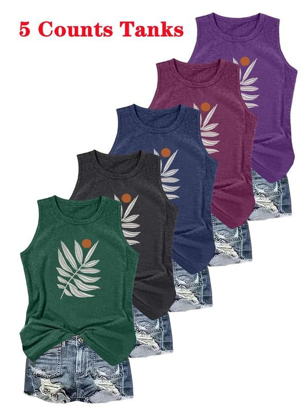 Women's Plants Print Tank Top, Casual Sleeveless Top for Summer, Ladies Clothes for Daily Wear, Socks