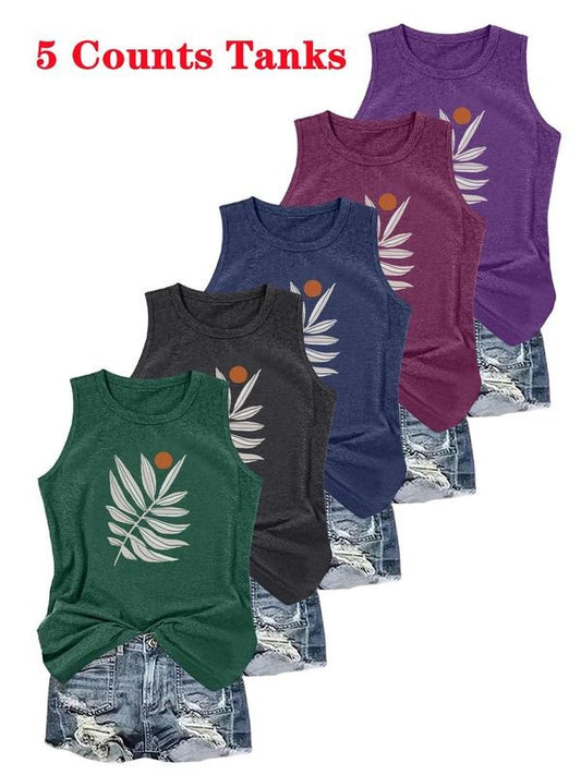 Women's Plants Print Tank Top, Casual Sleeveless Top for Summer, Ladies Clothes for Daily Wear, Socks