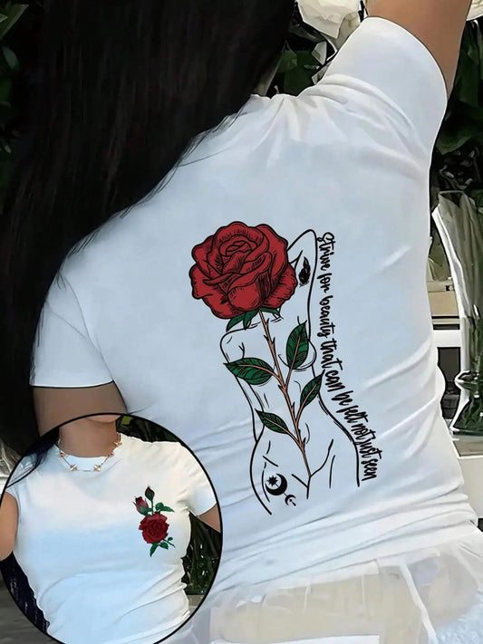 Women's Rose & Letter Print Round Neck Tee, Trendy Casual Short Sleeve T-shirt for Daily Wear, Ladies Outfit for Summer, Womenswear