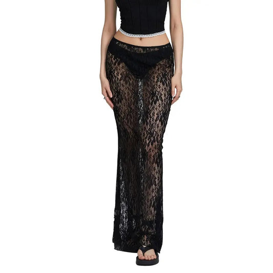 Women's Sheer Lace Maxi Skirts Vintage Elastic High Waist Solid Color See-Through Floral Embroidered Midi Skirts Slim Fit Long Skirts