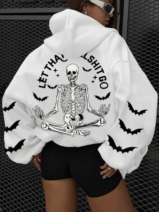 Women's Skeleton & Letter Print Drop Shoulder Hoodie, Fashion Casual Drawstring Pocket Hooded Sweatshirt for Daily Holiday Outdoor Wear, Girls Clothing for Fall & Winter