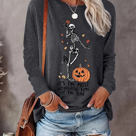 Women's Skeleton & Pumpkin & Letter Print Round Neck Tee, Casual Long Sleeve Crew Neck Top for Fall & Winter, Women's Clothes for Daily Wear