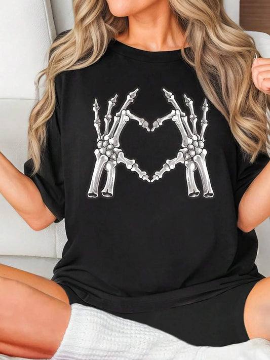 Women's Skeleton Hand Print Round Neck Tee, Fashion Casual Drop Shoulder Half Sleeve T-shirt for Daily Wear, Ladies Summer Clothes