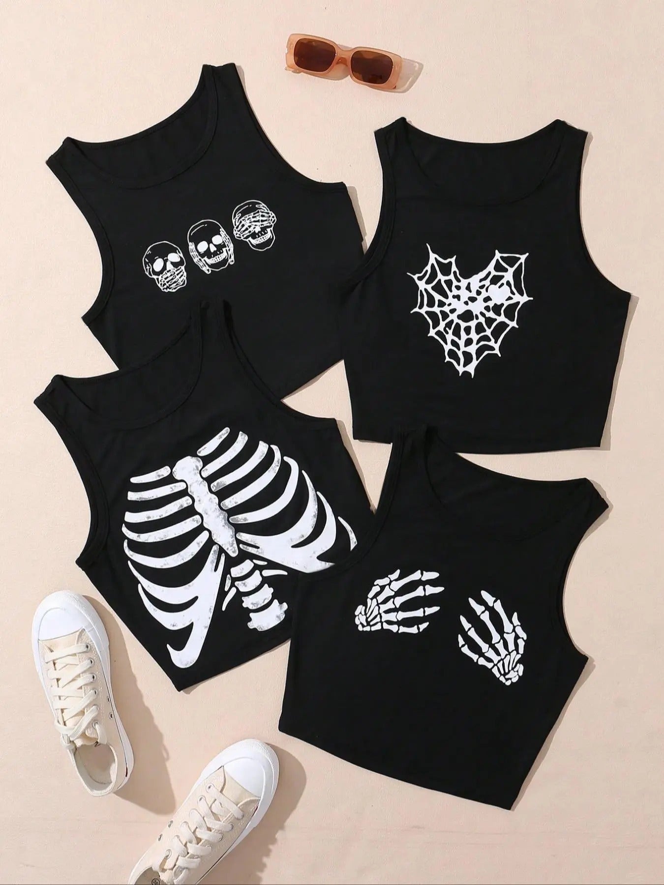 Women's Skeleton Print Crop Tank Top, Street Punk Fashion Casual Sleeveless Round Neck Cropped Top for Daily Vacation Holiday, Ladies Clothes for All Seasons