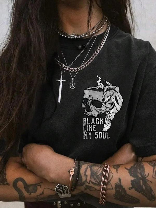 Women's Skull & Letter Print Round Neck Graphic Tee, Vintage Trendy Casual Short Sleeve T-shirt for Daily Wear, Ladies All Seasons Outfit