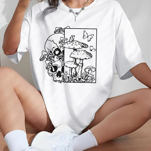 Women's Skull & Mushroom Print Round Neck Graphic Tee, Vintage Trendy Casual Drop Shoulder Half Sleeve T-shirt For Daily Wear, Ladies All Seasons Outfit