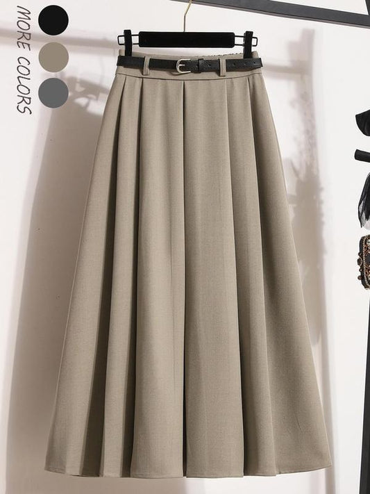 Women's Solid Color Belted Pleated Skirt, Casual Fashion A Line Skirt for Daily Outdoor Wear, Women's Bottoms for Spring & Fall