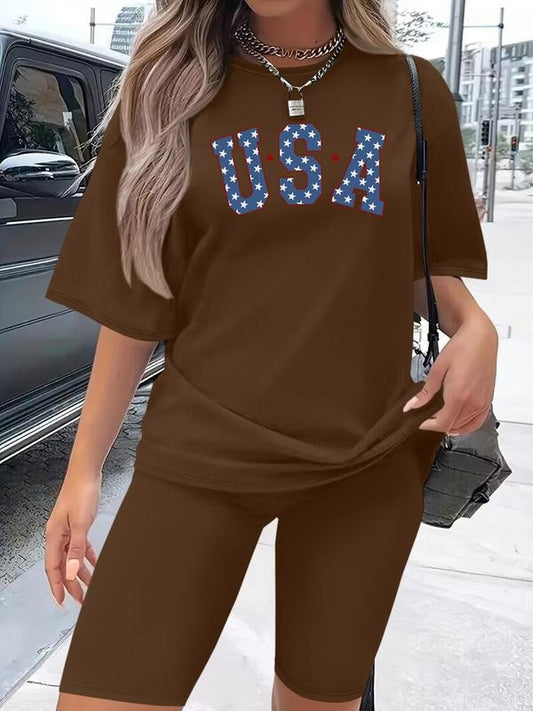 Women's Star & Striped Print Short Sleeve T-Shirt & Skinny Shorts Two-Piece Set, Casual Fashion Cozy Tee & Shorts for Daily Outdoor Wear, Ladies Clothes for All Seasons, Suits