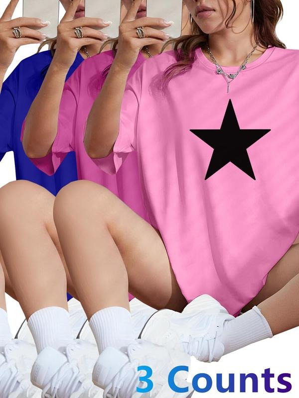 Women's Star Print Round Neck Tee, Casual Short Sleeve Crew Neck T-shirt for Daily Wear, Ladies Clothes for All Seasons, Top