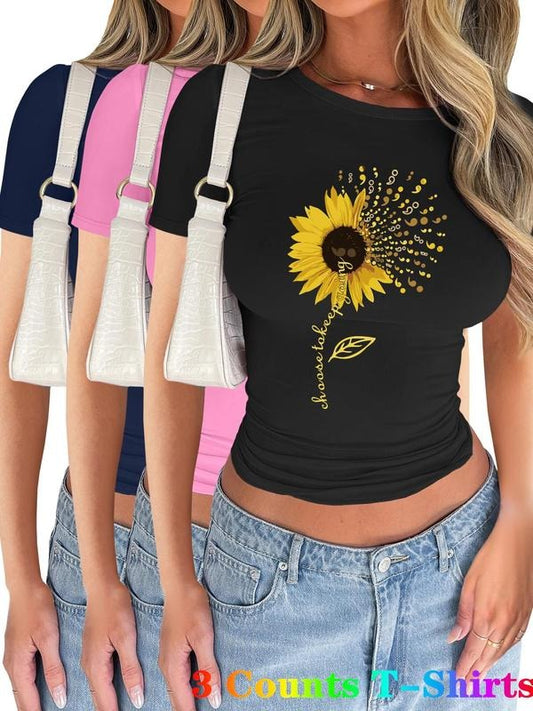 Women's Sunflower & Letter Print Short Sleeve Tee, Casual Round Neck T-shirt for Summer, Ladies Clothes for Daily Wear, Top
