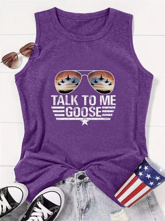 Women's Sunglasses & Letter Print Round Neck Tank Top,  Casual Sleeveless Crewneck Top for Summer, Ladies Clothes for Daily Wear, Tank Tops, Tanktop