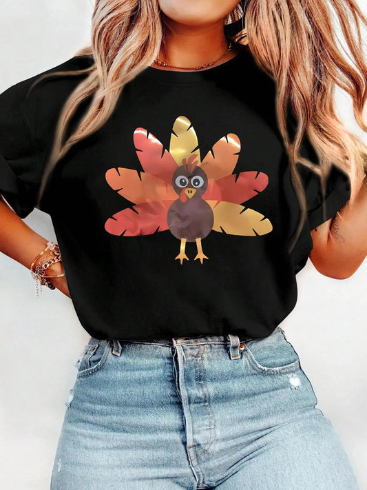 Women's Thanksgiving Turkey Print Round Neck Graphic Tee, Vintage Trendy Casual Drop Shoulder Short Sleeve T-shirt for Daily Wear, Ladies Spring & Fall Outfit