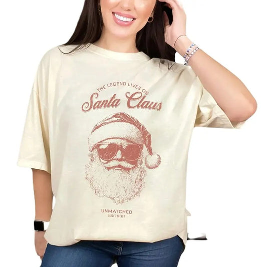 Women's The Legend Lives On Retro Santa Shirt, Vintage Christmas Graphic Tee, Holly Jolly Santa Claus Tshirt Cotton Top