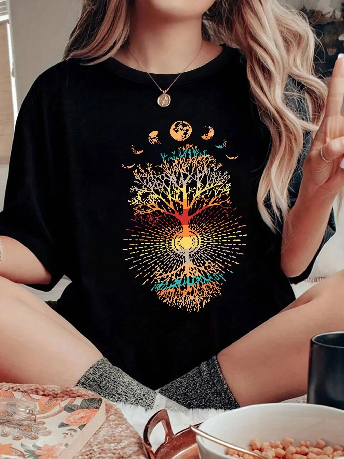 Women's Tree Print Round Neck Tee, Vintage Trendy Casual Graphic Crew Neck T-shirt for Daily Wear, Ladies Spring & Fall Clothes