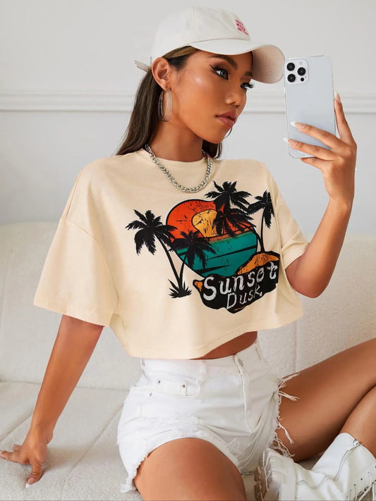 Women's Tropical Print Round Neck Tee, Trendy Casual Drop Shoulder Half Sleeve T-shirt for Daily Wear, Ladies Summer Outfit