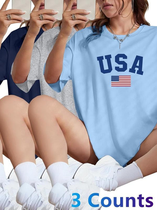 Women's USA Flag & Letter Print Round Neck Tee, Casual Short Sleeve Crew Neck T-shirt for Daily Wear, Ladies Clothes for All Seasons, Top