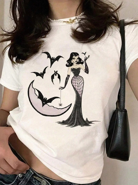 Women's Vintage Bat & Figure Print Round Neck Tee, Casual Short Sleeve Crew Neck T-shirt for Summer, Fashion Women's Top for Daily Wear