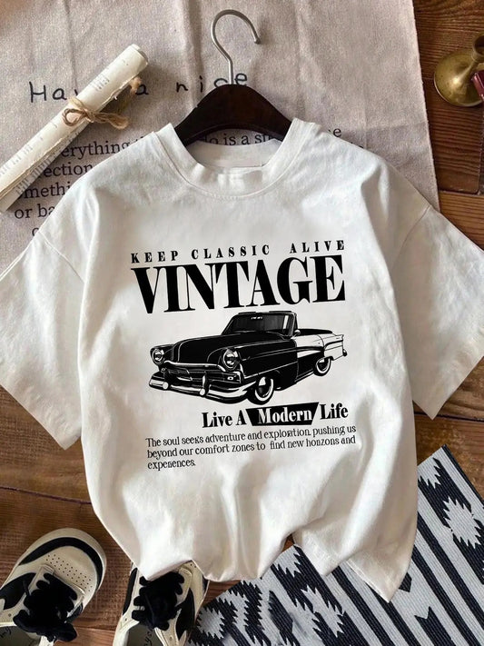 Women's Vintage Car & Letter Print Round Neck Tee, Casual Drop Shoulder Short Sleeve T-shirt for Summer, Women's Top for Daily Wear